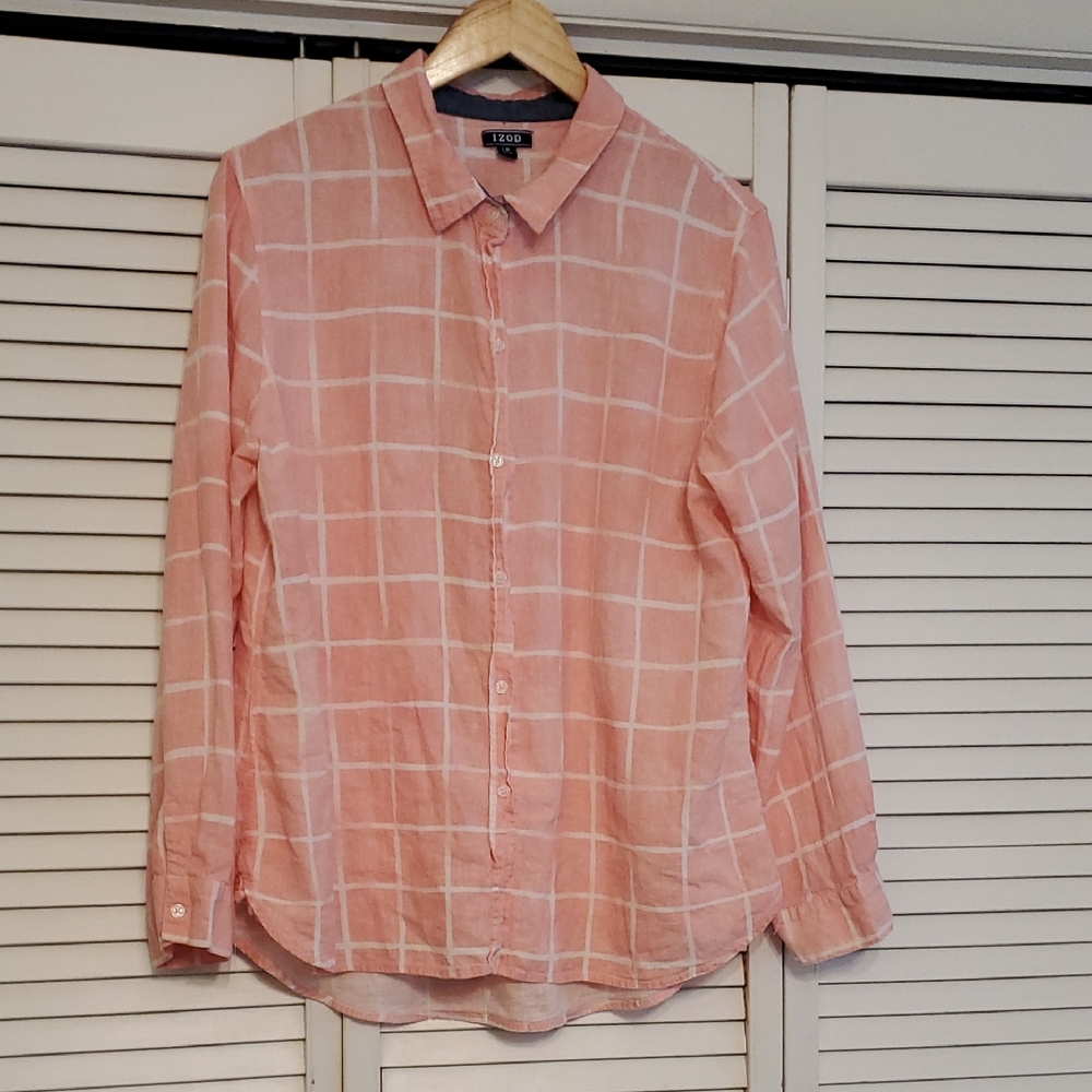 IZOD Women's Pink Linen Blend Windowpane Plaid Button-up Shirt, Size Large
